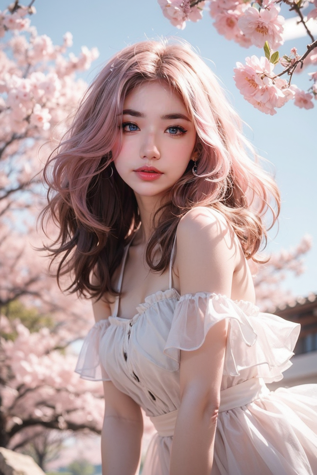 00677-3159822199-Light pink hair,pink eyes,pink and white,sakura leafs,vivid colors,white dress,paint splash,simple background,ray tracing,wavy h.png